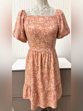 Lucky Brand Peach Terracotta Floral Square Neck Lined Ballon Sleeves Small